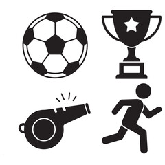 Dynamic black silhouette icons representing sports with a soccer ball, trophy, whistle, and a running person.