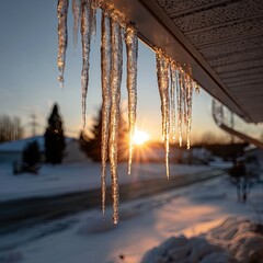 Icicles shimmer against a winter sunset