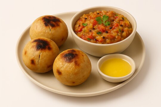 Traditional indian litti chokha served with ghee and a fresh salad on a plate