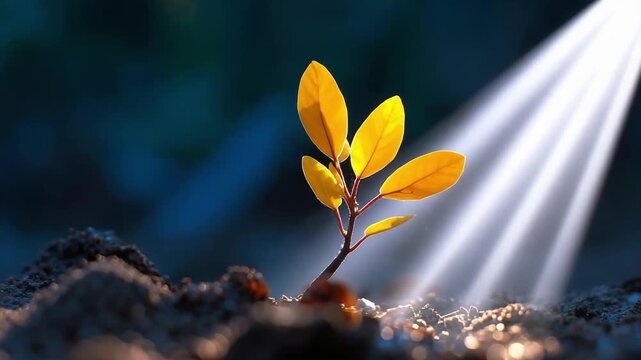 A tiny seedling with yellow leaves sprouting from dark soil, bathed in sunbeams.