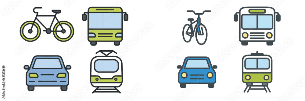 Poster transportation icon set with car, bus, train, and bicycle symbols for public and private transit in 