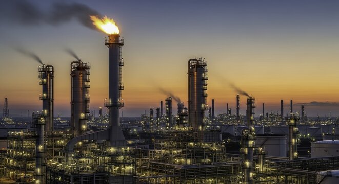 Illuminated petrochemical refinery at dusk with a burning flare stack and smoking chimneys, showcasing a bustling industrial complex and energy production against a colorful twilight sky.