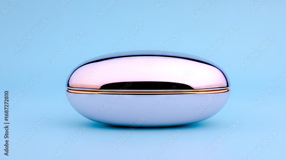 Poster sleek metallic container with a reflective surface, elegantly designed in an oval shape, resting on 