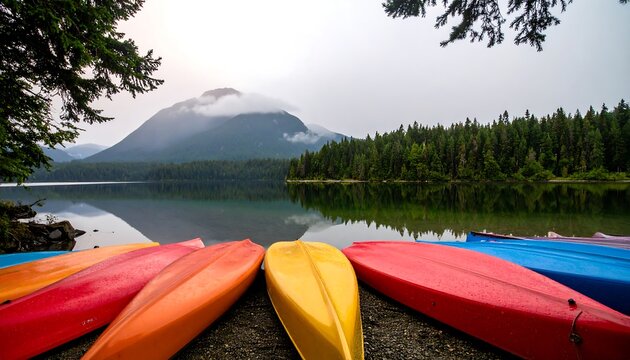 Colorful kayaks on a serene lake at dawn