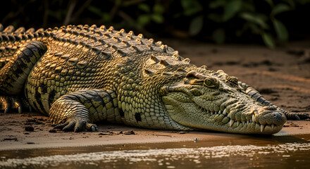 Large crocodile resting on the riverbank, basking in the sun, close-up wildlife photo
