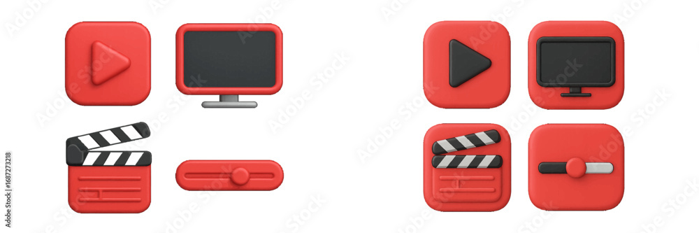 Poster modern collection of 3d media player interface icons including play button, movie clapperboard, scre