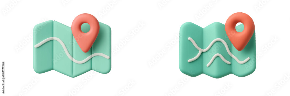 Poster set of 3d map icons with location pin and route marker for navigation and destination concepts on an