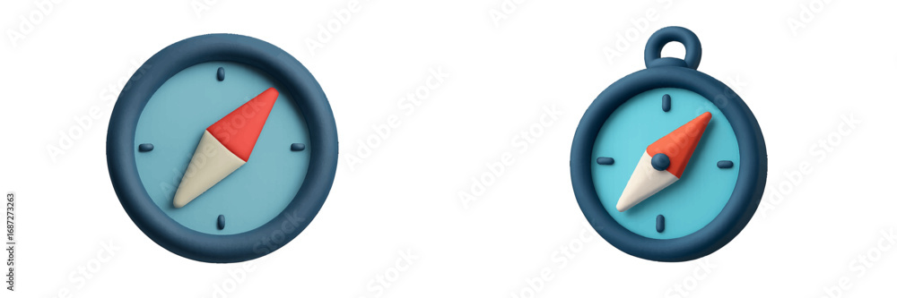 Poster set of two 3d compass icons for navigation, direction, and travel concepts, stylized with a soft cla