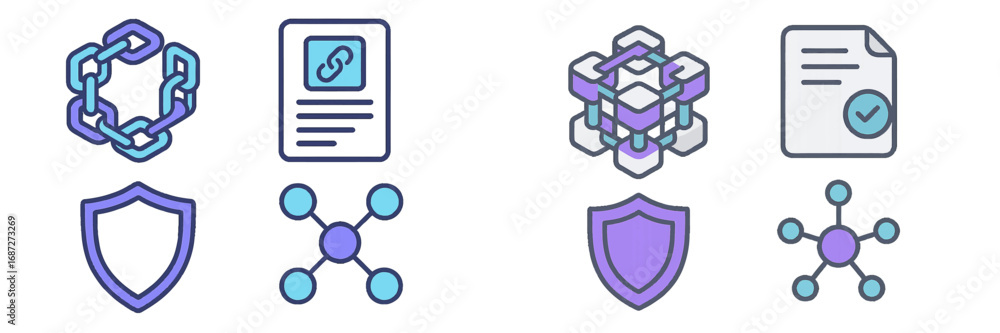 Poster blockchain technology icon set with symbols for security, smart contracts, and decentralized network