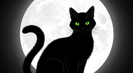 A sleek black cat with piercing green eyes sits silhouetted against a bright, full moon in the night sky.