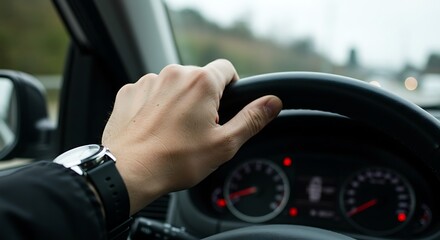 Closeup of Hand Holding Black Leather Steering Wheel While Driving a Modern Car in Natural Daylight"