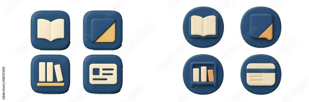 Poster set of 3d user interface icons in a modern claymorphism style featuring book, library, and finance s