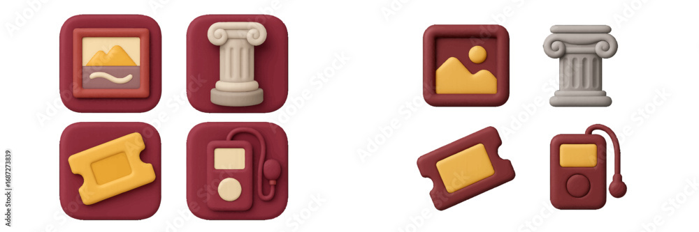 Poster 3d museum and art gallery icon set in claymorphism style featuring an audio guide, admission ticket,