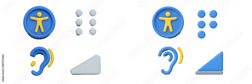 Poster 3d accessibility icon set with symbols for hearing, vision, and mobility for user interface design o