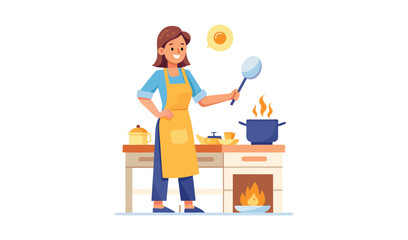 Woman in apron cooking at stove in kitchen with steam rising from pot