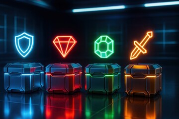 3D gaming loot box with glowing rewards in futuristic room