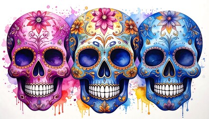 Three vibrant sugar skulls, watercolor splash