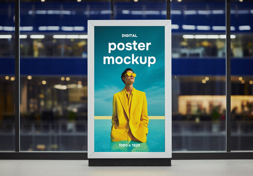 Digital poster abri mockup with modern building background