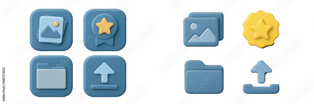 Poster 3d user interface icon set with image gallery, favorite star award, file folder, and upload symbols 