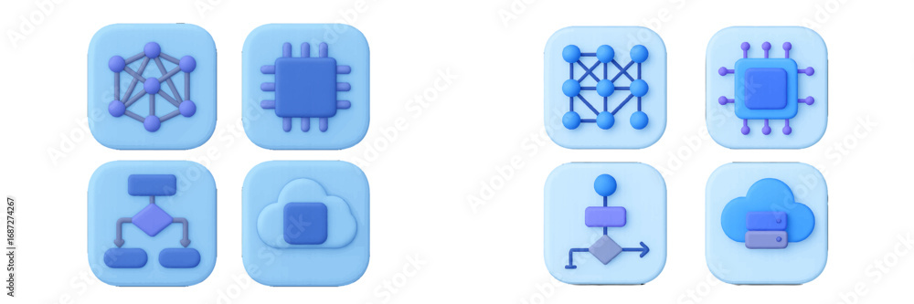 Poster modern 3d technology collection featuring a neural network, cpu, flowchart, and cloud computing symb