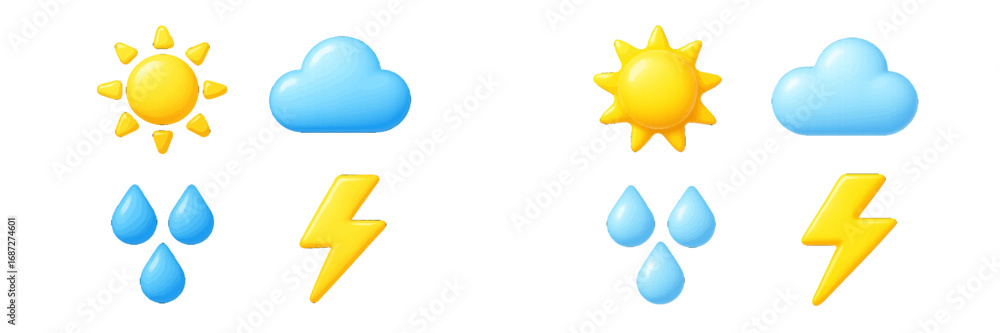 Poster 3d weather forecast icons set with sun, cloud, rain, and lightning bolt symbols for meteorology app 