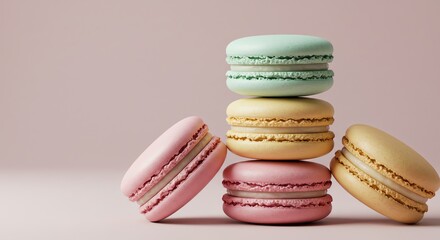 Fototapeta premium Colorful macarons stacked and scattered on surface