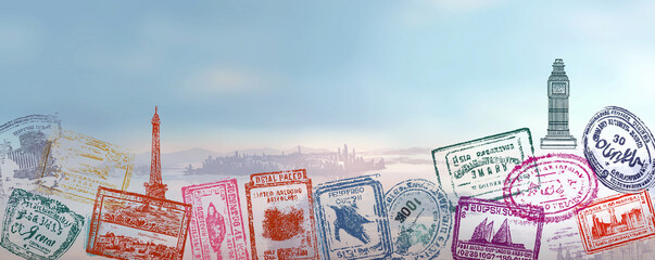 World travel concept panaromic passport stamps, web banner