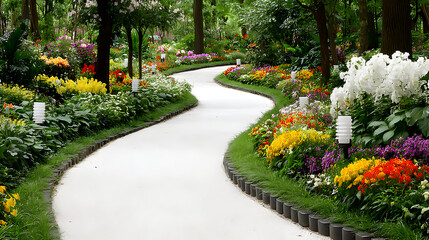 Fototapeta premium A winding light-grey path through a garden with colorful flowers and lush greenery.