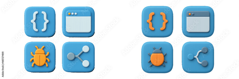 Fototapete collection of 3d software development icons representing coding, user interface design, application 