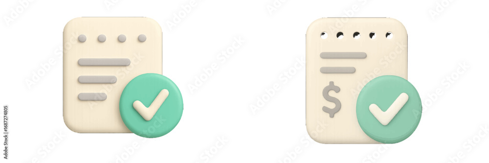 Poster set of 3d payment approved icons with checkmark symbol for financial success and confirmed transacti