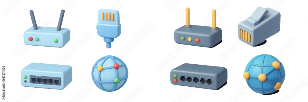 Poster collection of 3d network icons including a router, switch, ethernet cable, and global internet symbo