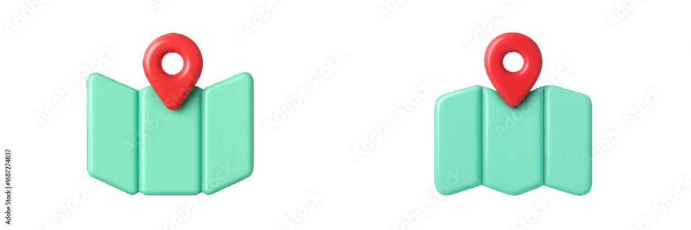 Poster set of glossy 3d map icons with red location pins for navigation and destination concepts, minimalis