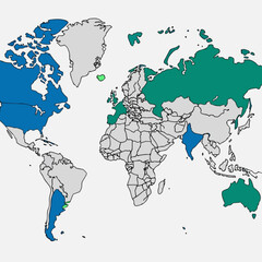 Minimilist world map displaying continents colored in blue, green, and gray with country outlines shown clearly vector