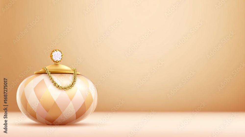 Poster elegant decorative container with a golden chain and gem, featuring a soft pastel color scheme, set 