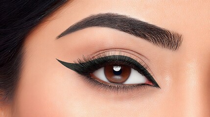Obraz premium Close-up of a beautiful womans eye showcasing dramatic eyeliner makeup, emphasizing the intricate details of her lashes and brow, highlighting beauty and artistry in cosmetics