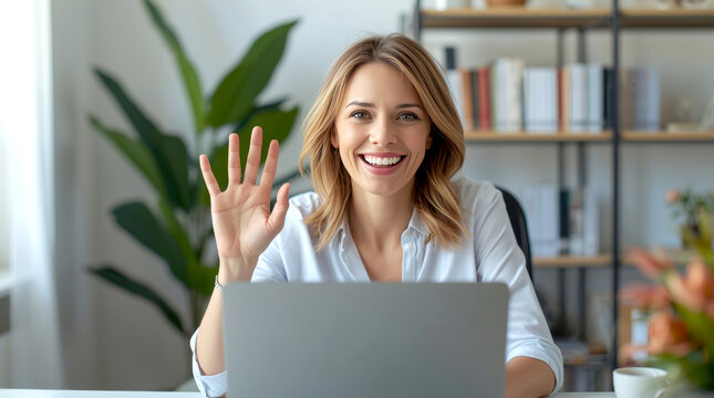 Online Video Conference. cheerful female manager in her late 30s is sitting at her desk, smiling and waving at her laptop camera during a video conference. She is in a tidy home office setting - Powered by Adobe