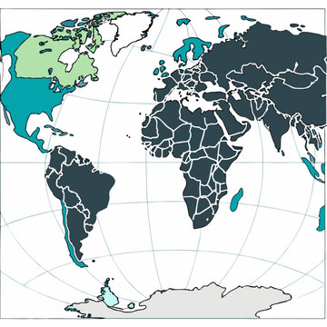 Minimilist world map showing continents with green and teal highlights on a grid projection style image design vector