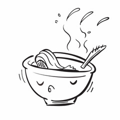 Minimilist stylized bowl of steaming noodles with a spoon and abstract steam lines in black and white drawing style vector