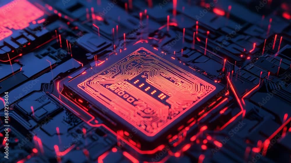 Poster cpu performing complex calculations with red glowing circuits