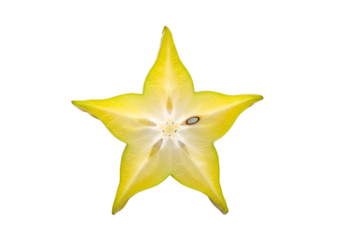A vibrant star fruit slice, showcasing its bright yellow exterior and pale yellow interior, is beautifully presented against a stark black backdrop.