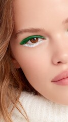 Obraz premium Close-up portrait of a young woman with striking green and white eye makeup, showcasing her natural beauty and flawless skin, emphasizing modern beauty trends and artistic expression