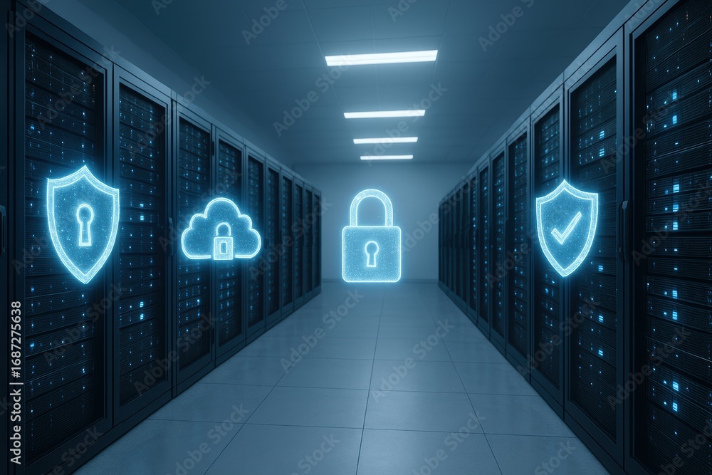 Poster digital fortress: a secure digital infrastructure, highlighted by rows of server racks. with strikin