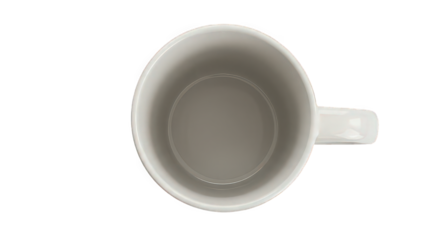 Aerial view of a simple white ceramic mug with a handle on a stark black background space for text