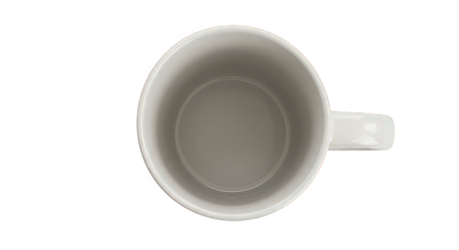 Aerial view of a simple white ceramic mug with a handle on a stark black background space for text