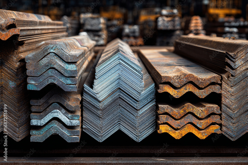 Poster stacks of metal sheets different shapes and rust levels in a warehouse
