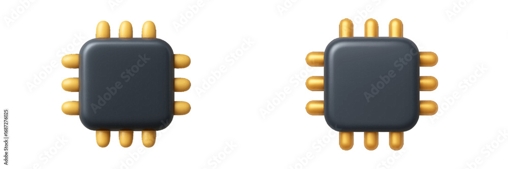 Poster stylized computer processor chip with gold contacts representing modern technology, hardware, and el