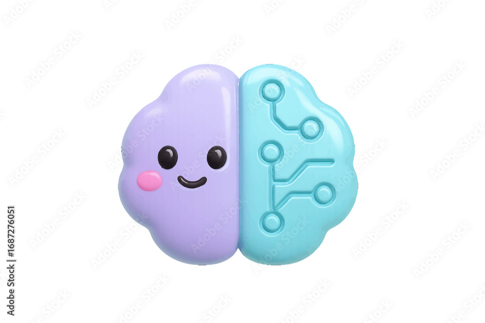 Poster cute kawaii brain character icon showing the duality of logic and creativity with a technological ci