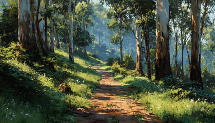 Fototapeta premium sunlit trail through eucalyptus forest tall trees an green undergrowth bathed n warm light creating seree natural scene