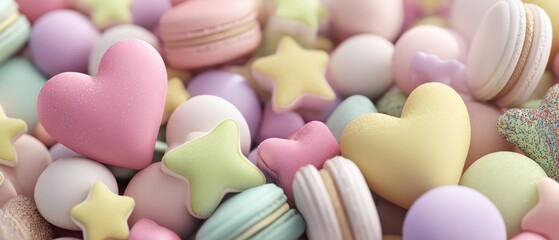 Colorful assortment of decorative candy shaped hearts stars macarons and sugar confections in pastel tones for sweet celebration themes