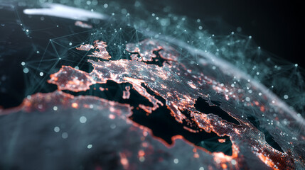 Aerial view of europe at night with digital network overlay and blurred background effect